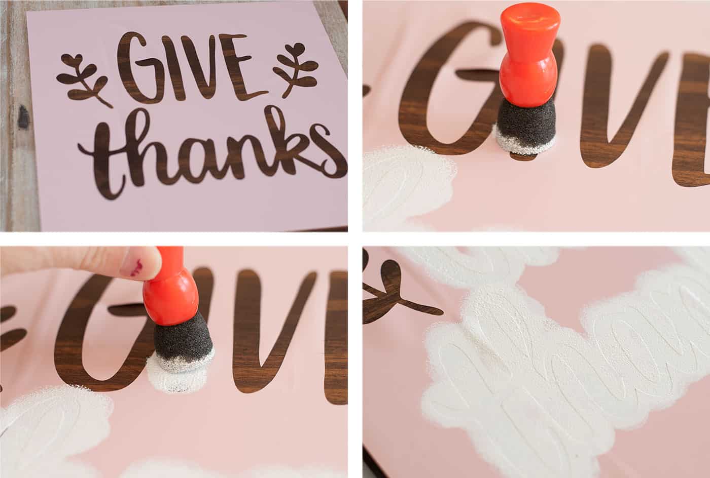 Painting a give thanks stencil with a spouncer brush and white acrylic paint