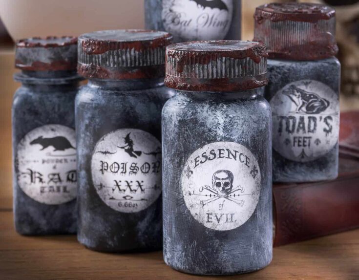 Learn how to make these cool Halloween potion bottles from old pill bottles! Grab free printables in this post, a bottle of Mod Podge, and some paint.