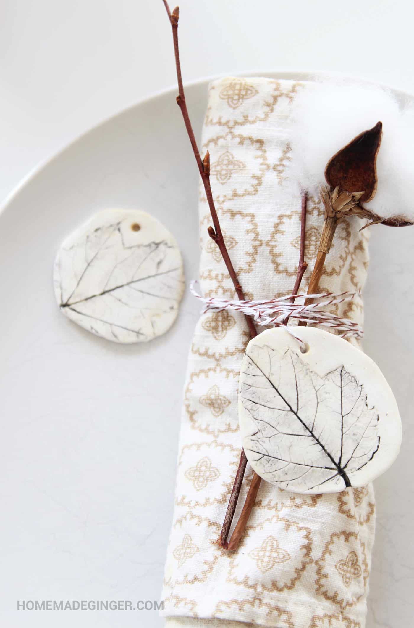 Pretty clay leaf tags for a fall tablescape