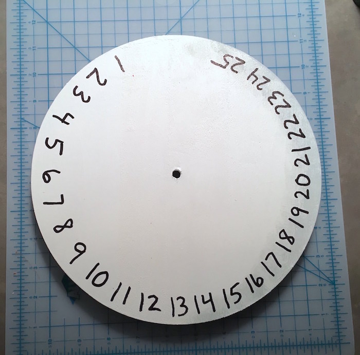 1-25 written around the edge of a clock face in Sharpie