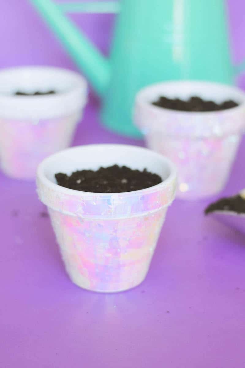 These terracotta plant pots are unicorn inspired, with iridescent cello wrap applied with Mod Podge and confetti. Perfect for parties!