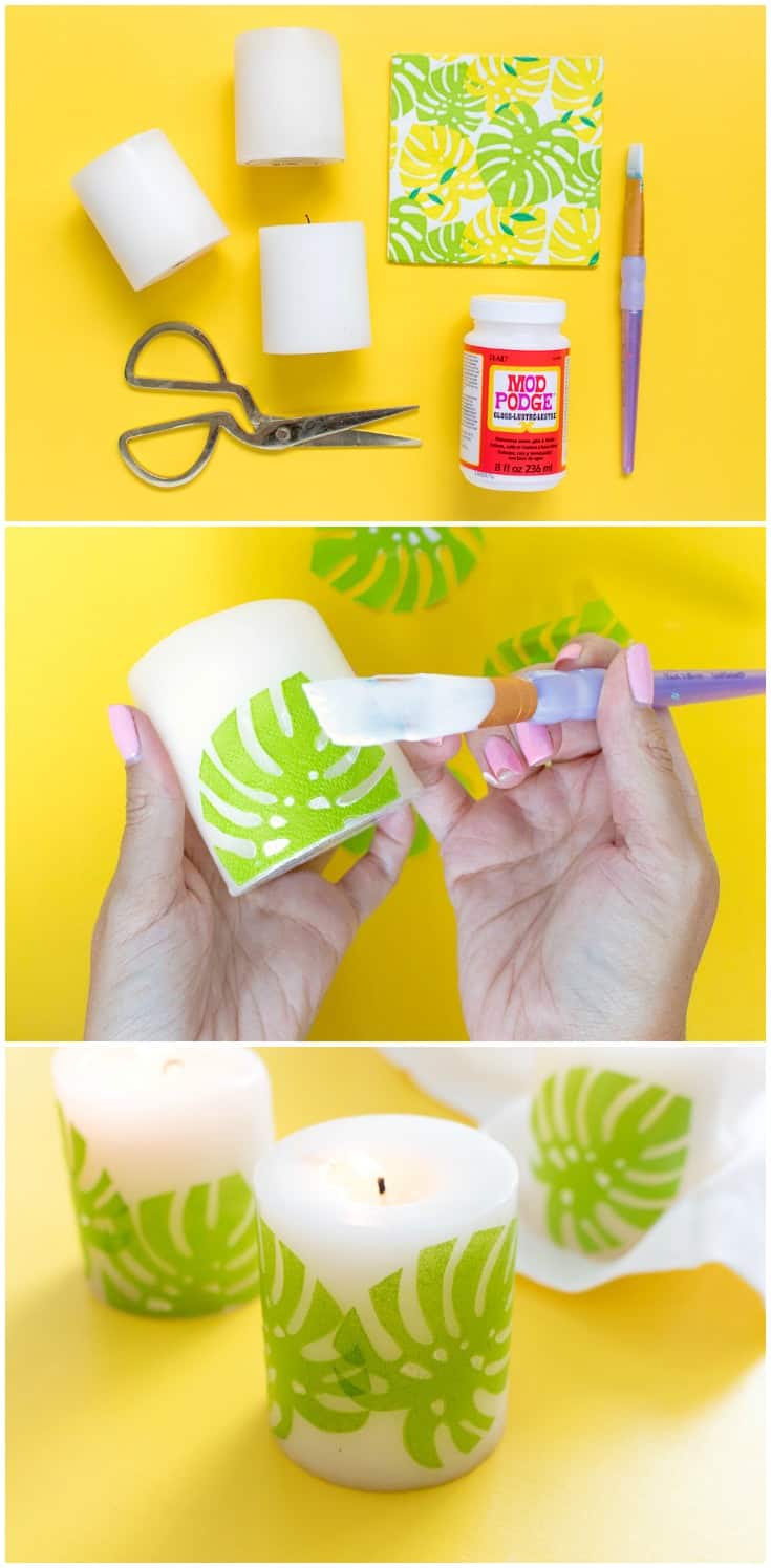 Use dollar store supplies to make these pretty decoupage candles! We added a tropical flair to ours, making them perfect for parties.