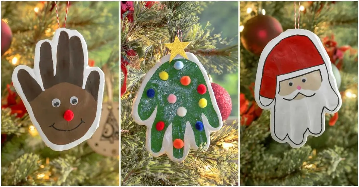 Three ideas for handprint ornaments - reindeer, Christmas tree, Santa