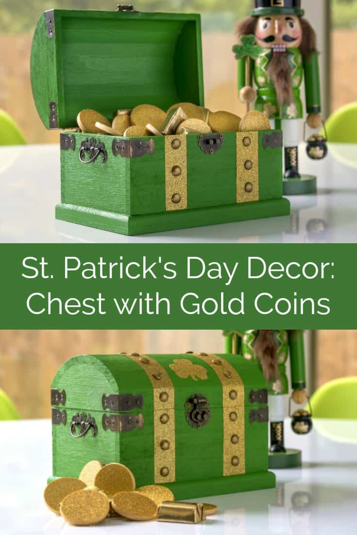 Learn how to make a DIY bright green and glittery gold chest for your St. Patrick's Day decor! Filled with Duck Tape gold coins and candy. Fun for a party, classroom, mantel, office, and more.