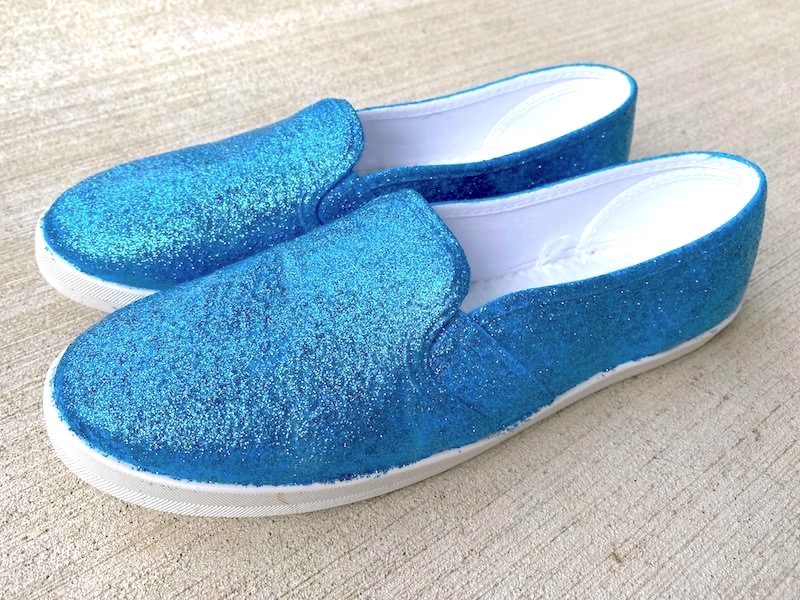 Blue sparkly shoes made using Mod Podge and glitter