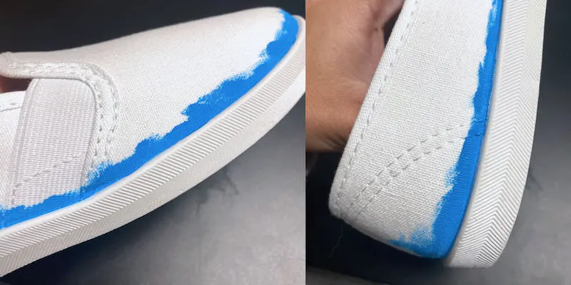 Painting the edge of a pair of canvas shoes