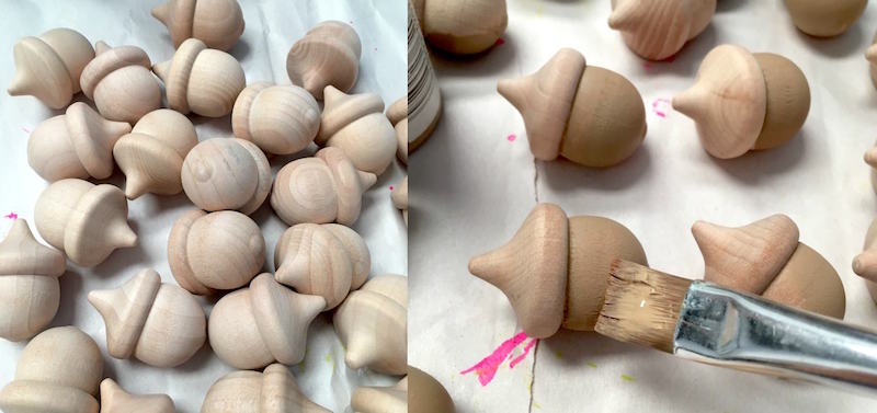 Painting the base of the wood acorns