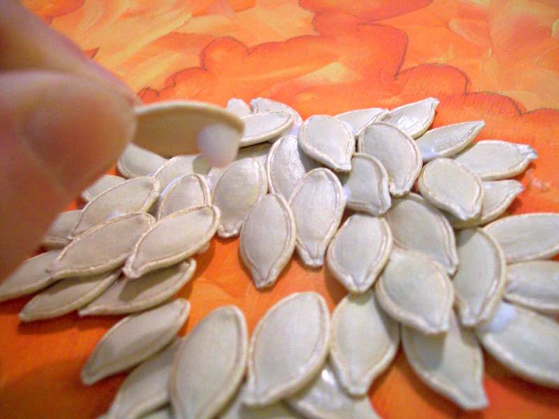 Filling the leaf shape with pumpkin seeds