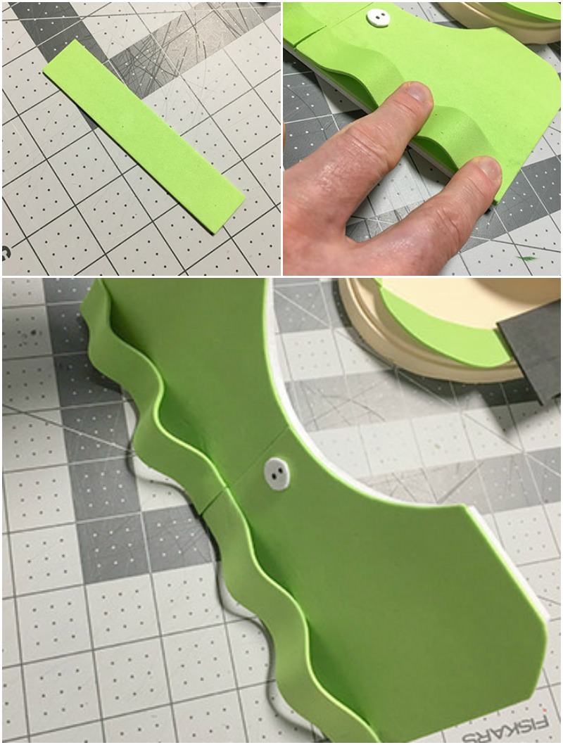 Gluing green foam down to make loops to hold glasses