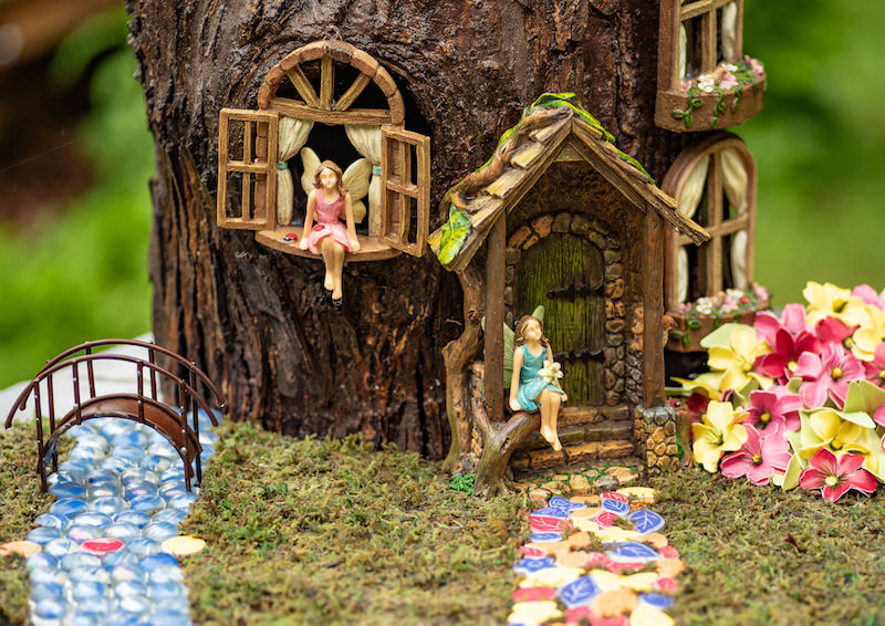 Yard Fairy Garden Accessories Outdoor Solar Lights Yellow Floral Roof Tree House Fairy Garden Figurine Patio 13.875 H Fairy Garden House Statue Resin Garden Decorations for Outside 