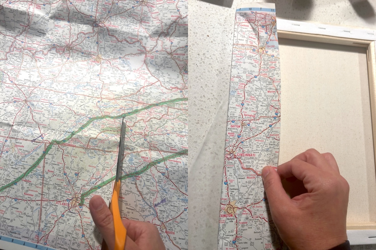 cutting a map and test fitting it to the canvas