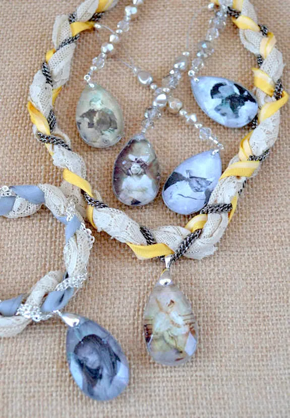 Family photo necklaces made with crystal pendants