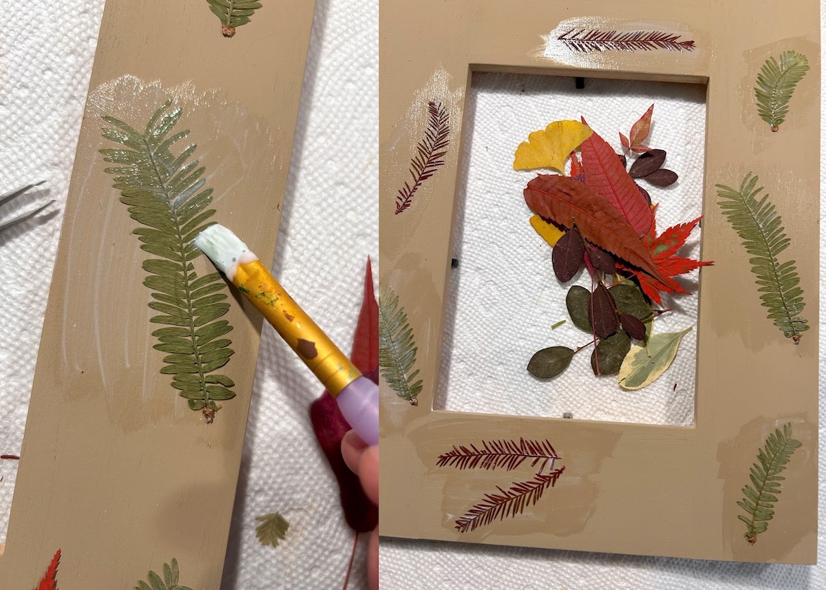 Attaching the base layer of leaves to a frame with Mod Podge