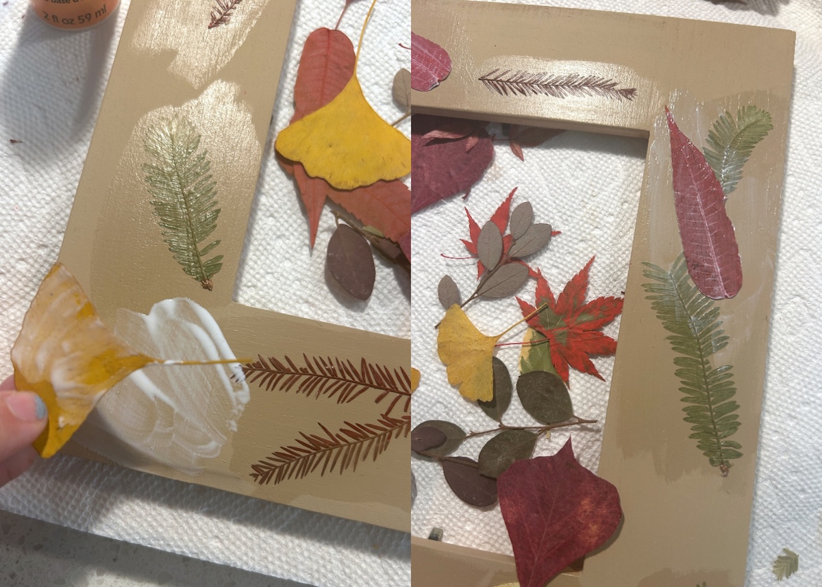 Attaching the second layer of leaves to a frame with Mod Podge