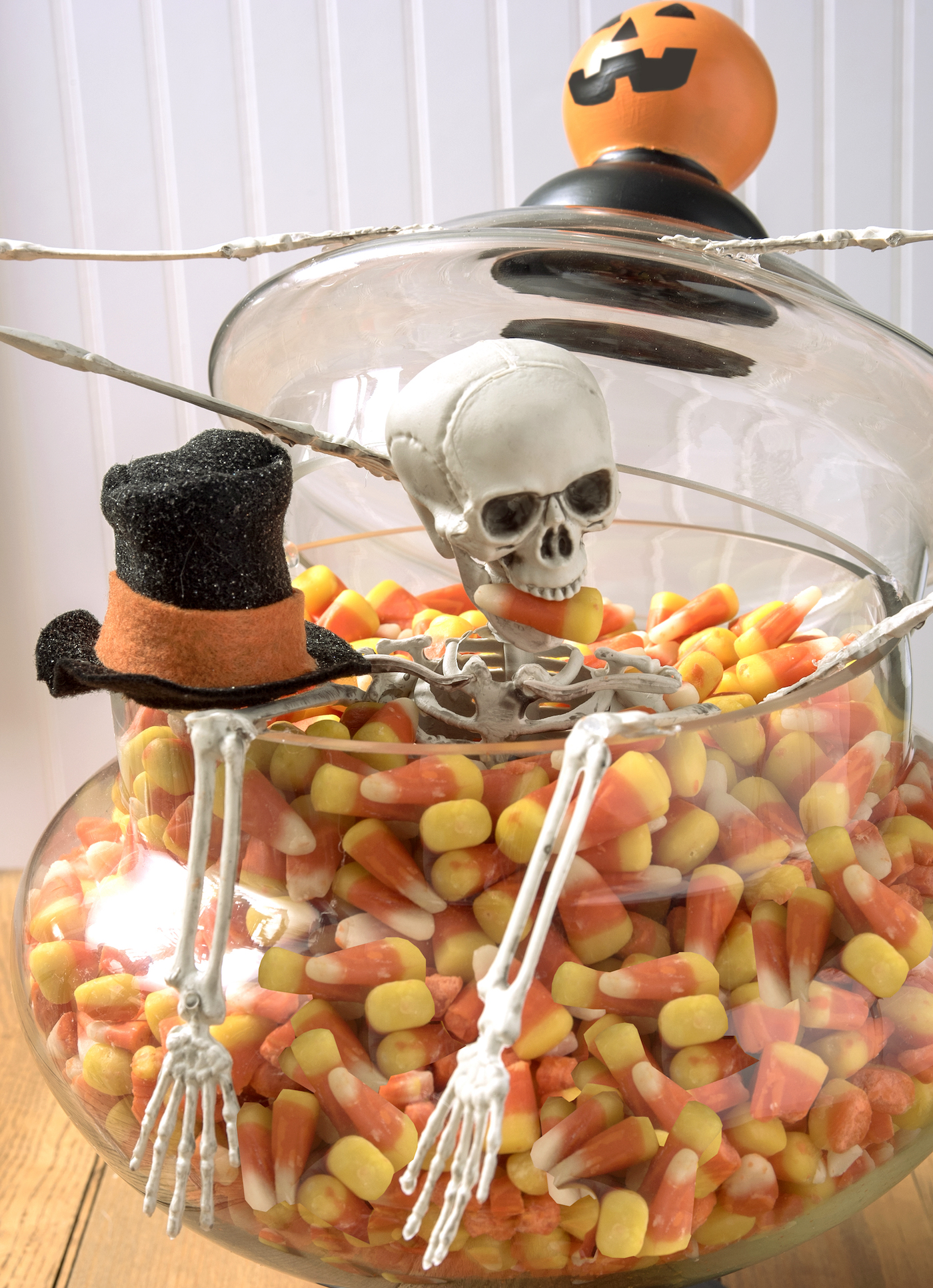 DIY Halloween decor with a skeleton and candy corn