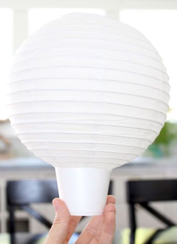 Cup attached to the bottom of the paper lantern with hot glue