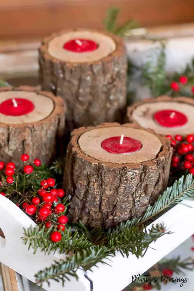 Festive Wooden Set of 2 Wooden Christmas Tea Light Holders- Candle Vintage 