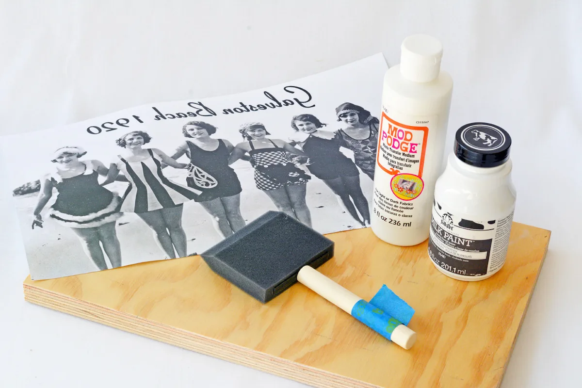 Wood board, image, image transfer medium, milk paint, and foam brush