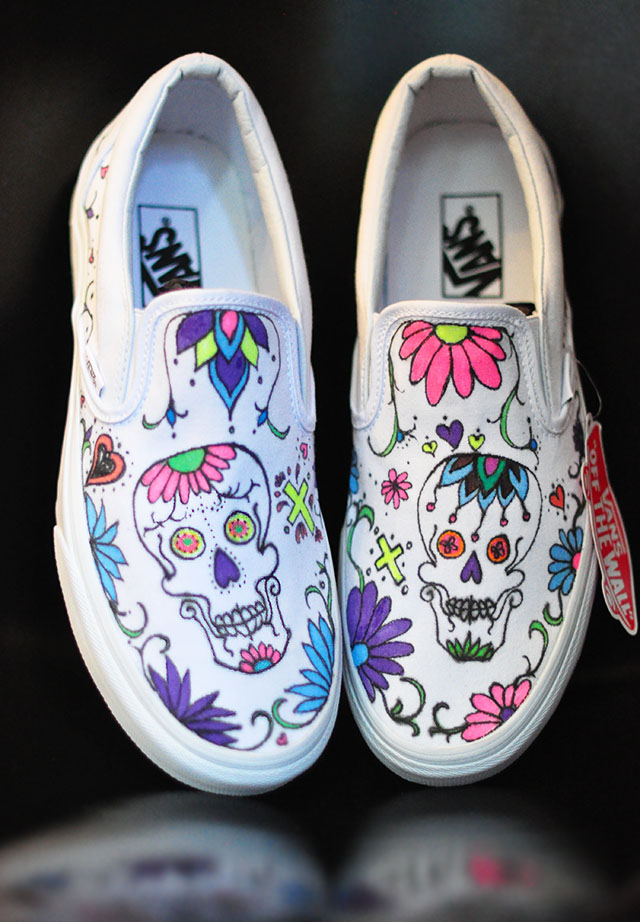 Dia de los Muertos Skull custom Vans Slip On Sneakers – RAD Shirts Custom  Printing