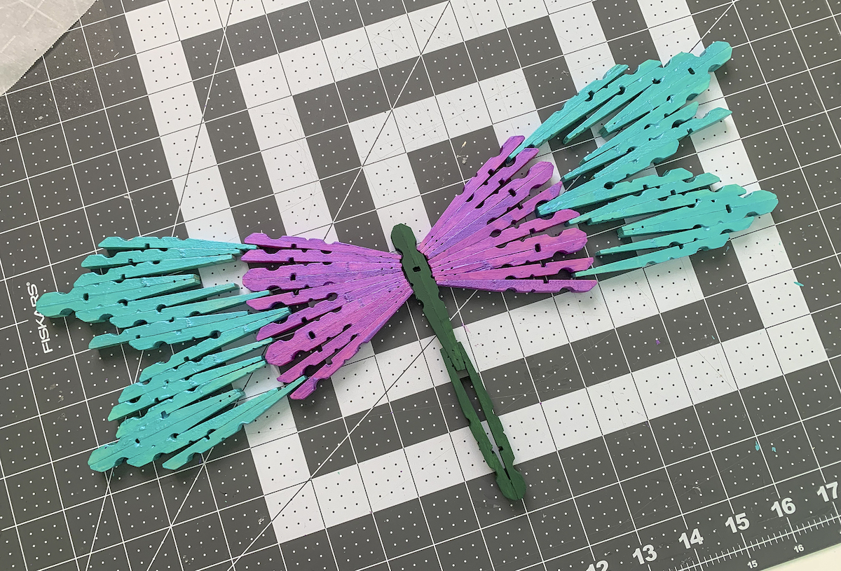 Fully assembled and painted clothespin dragonfly