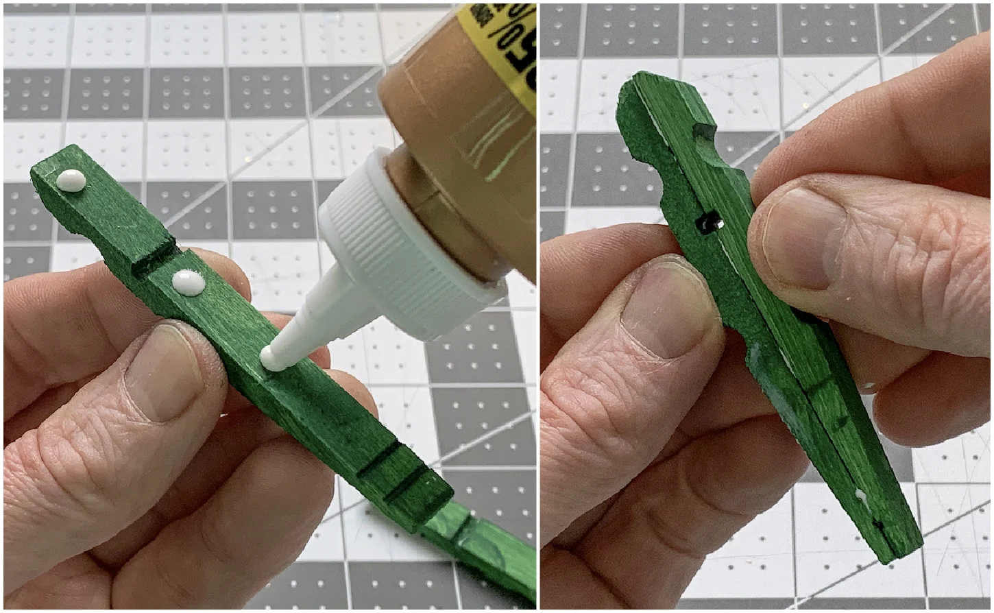 Gluing two painted clothespin halves together to form a body