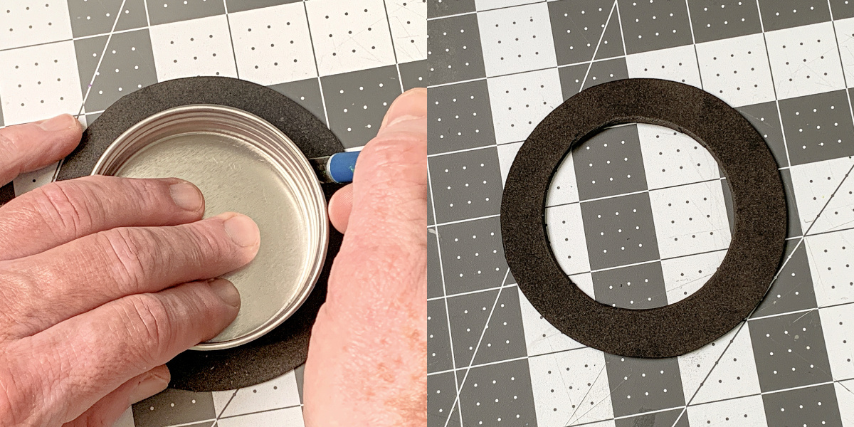 Cutting a circle in the middle of a foam circle with a knife