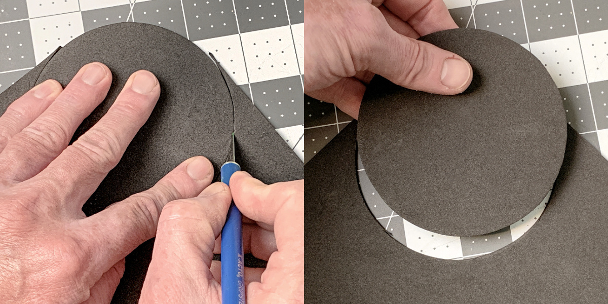 Cutting a circle out of craft foam with a craft knife