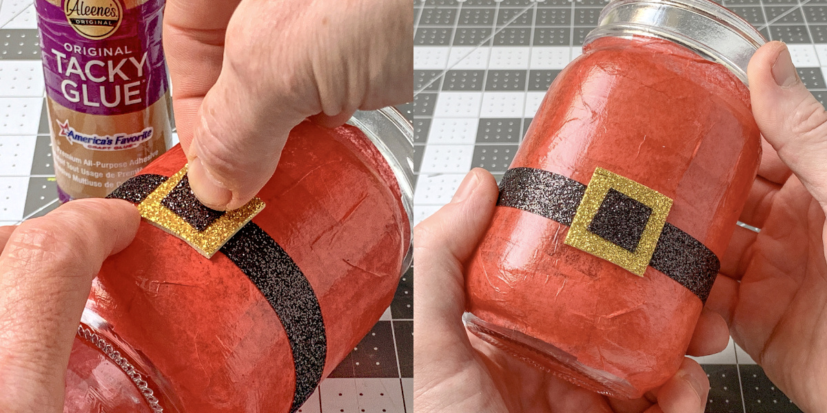 Gluing black ribbon to the front of gold foam