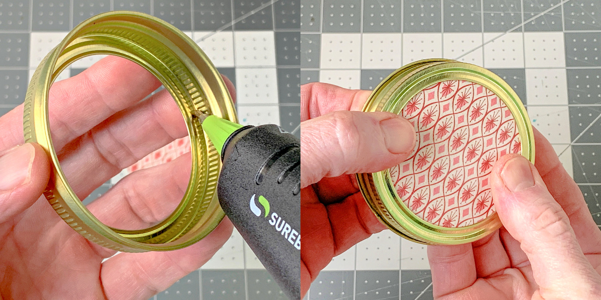 Hot gluing a mason jar lid into the ring