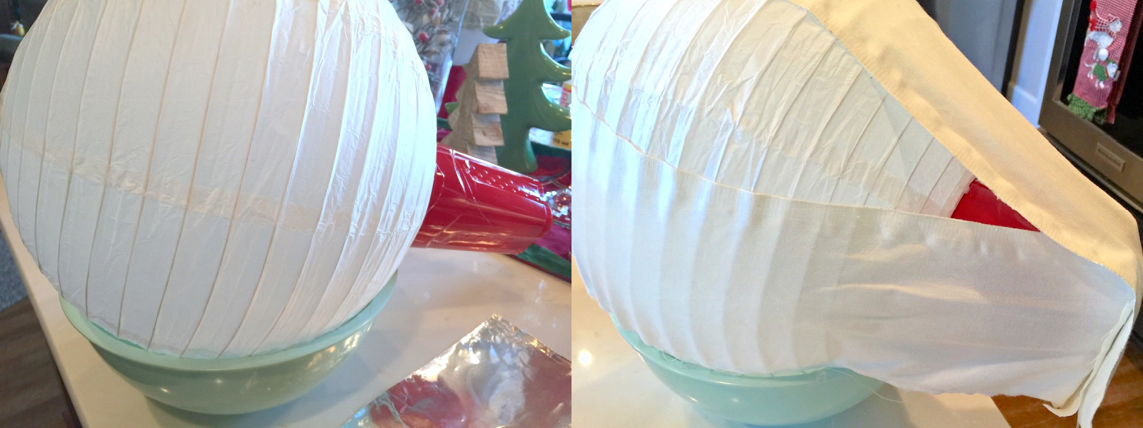 Cup attached to the bottom of a paper lantern and fabric being applied over the top