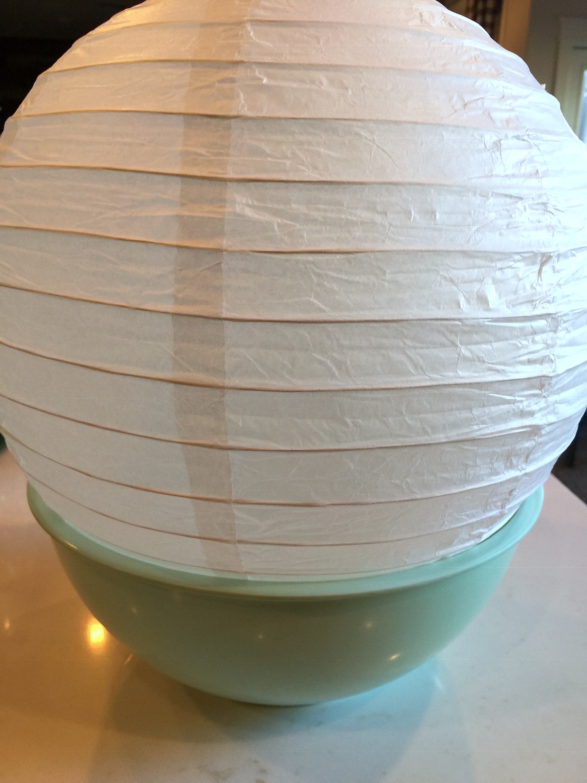 Paper lantern expanded and sitting in a bowl
