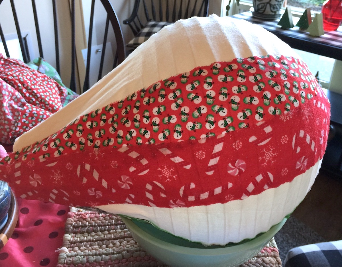 Red Christmas fabric strips applied to the side of the hot air balloon