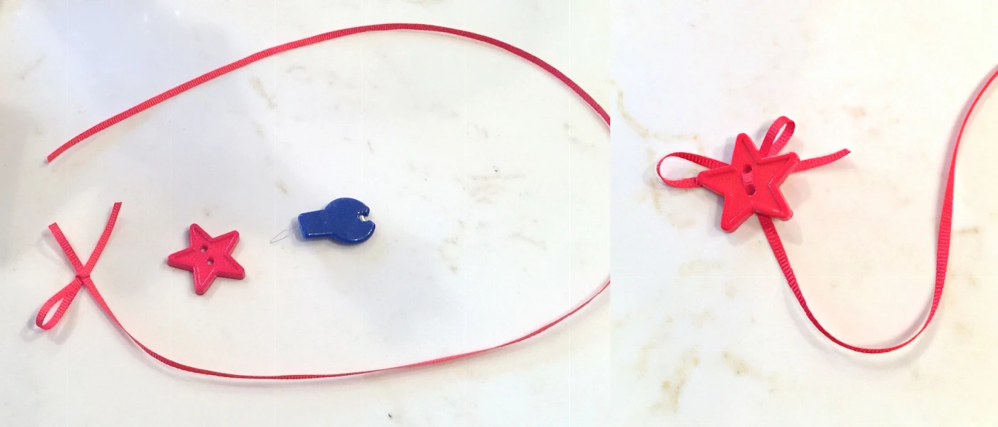 Stringing red ribbon on a star button