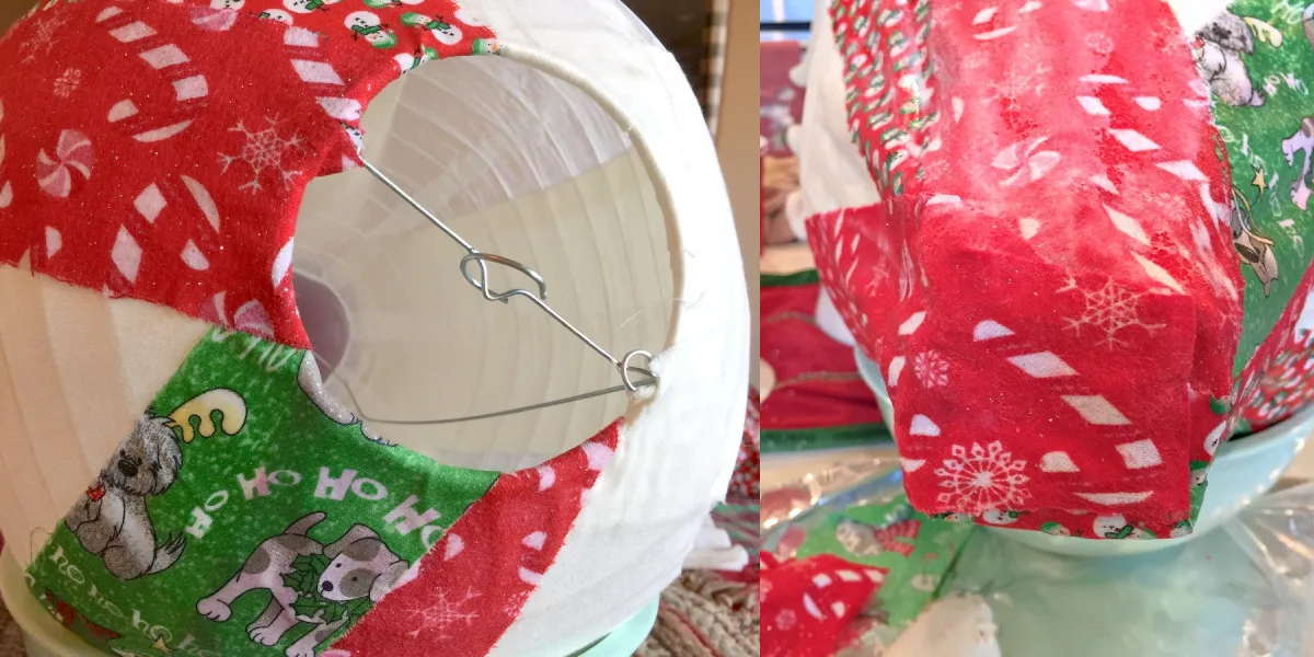 Strips of fabric applied over the lantern and down over the plastic cup