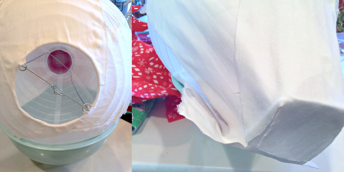 White fabric strips applied over the paper lantern and cup