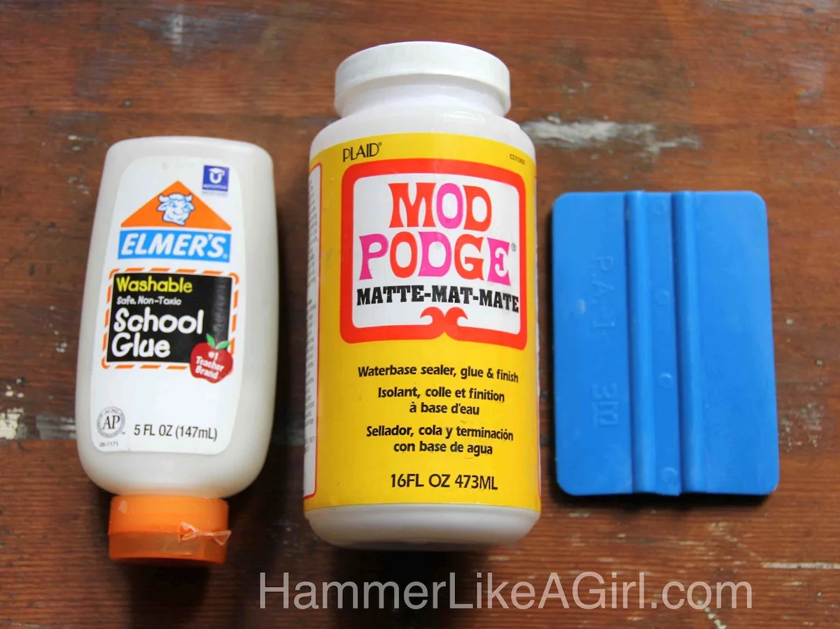Elmer's glue, Mod Podge, and a blue squeegee