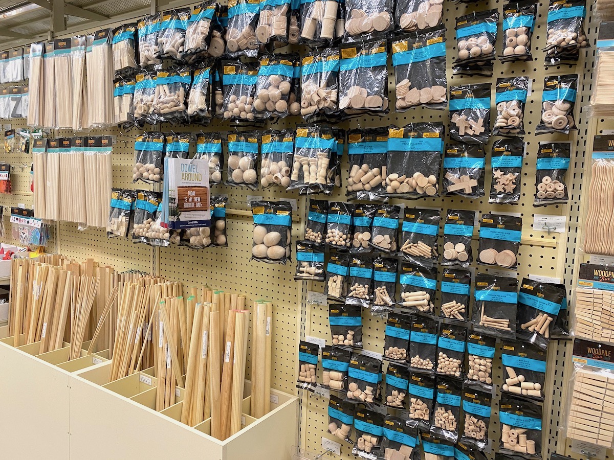 Wood aisle at Hobby Lobby with turnings and dowels