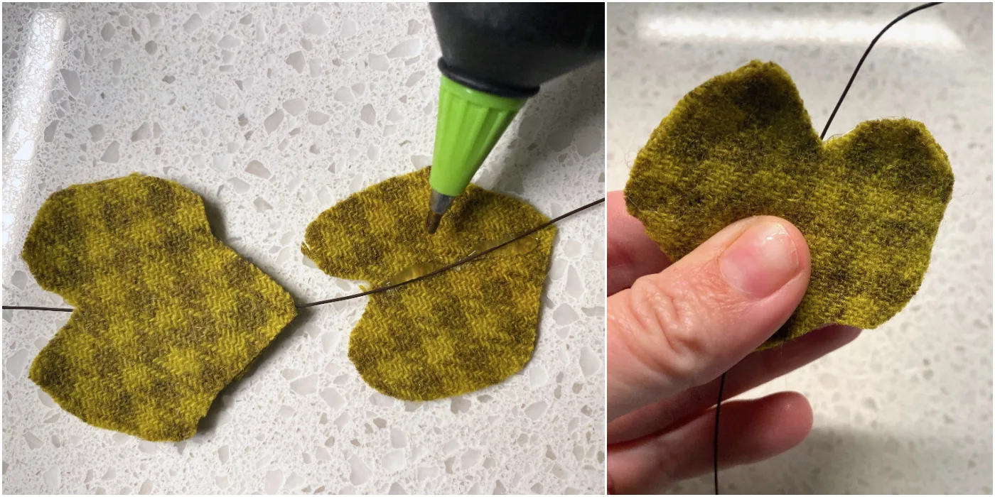 Hot gluing leaves together on both sides of the wire
