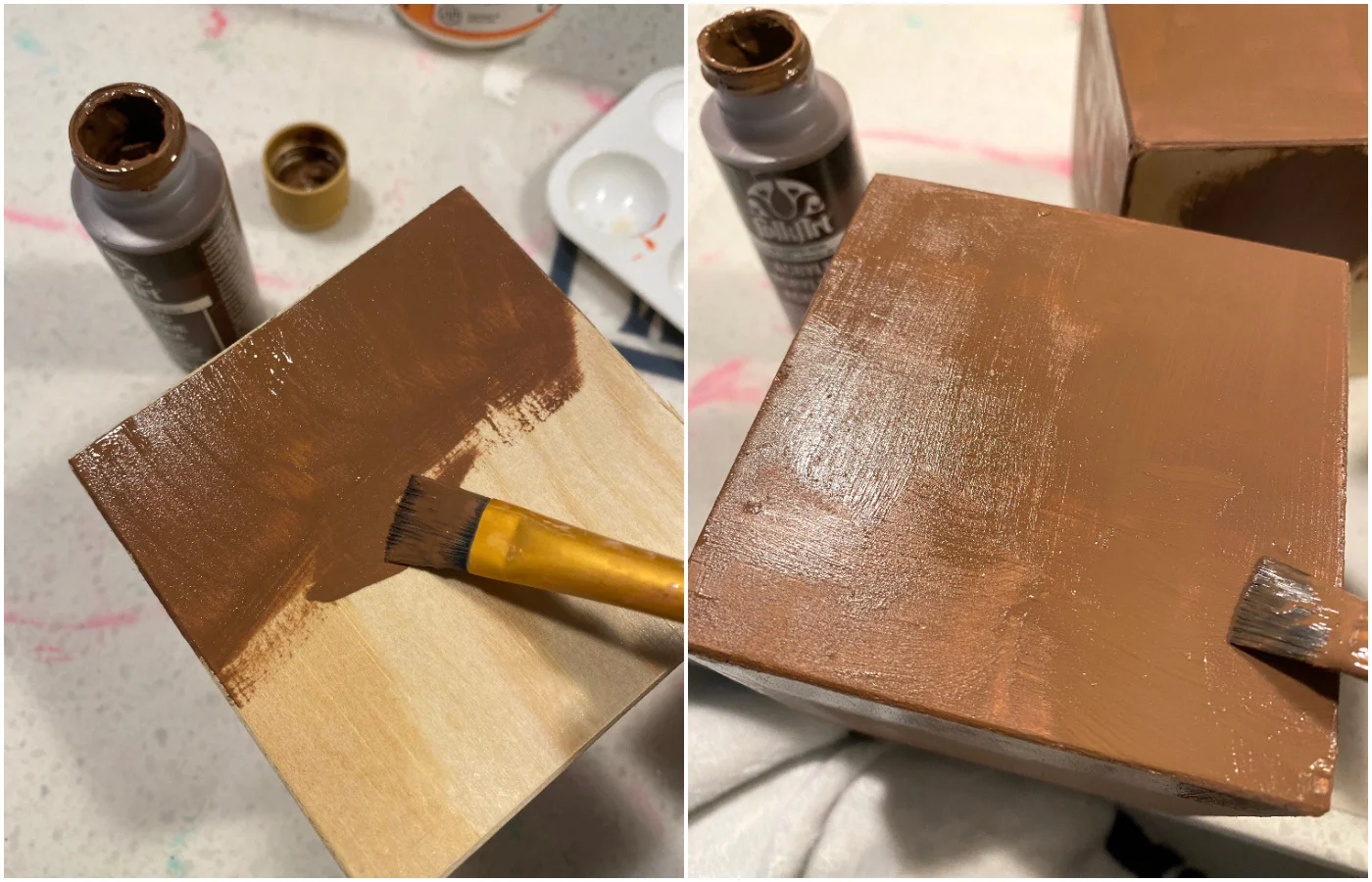 Painting a wood block with brown craft paint
