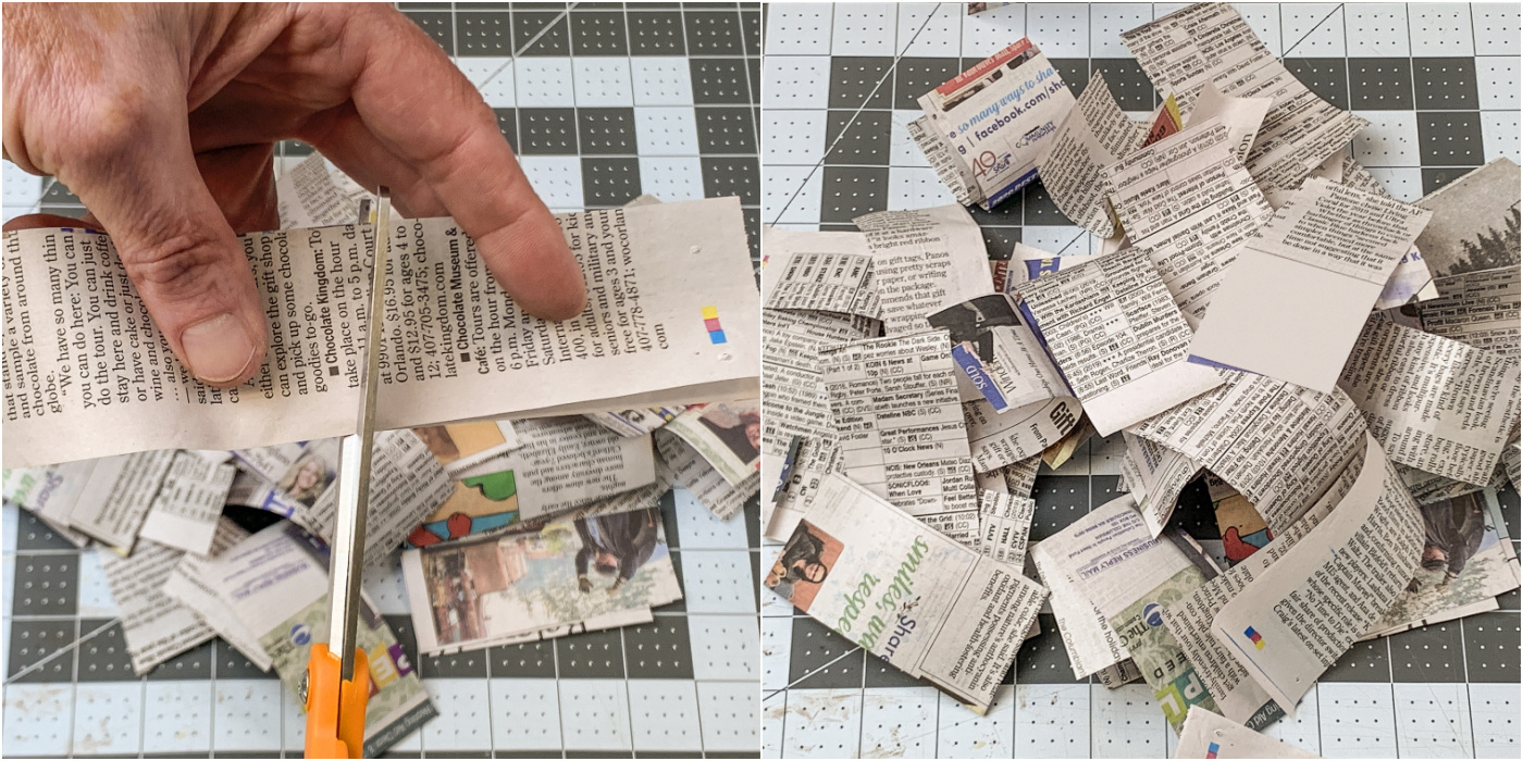 Cutting newspaper into squares with scissors