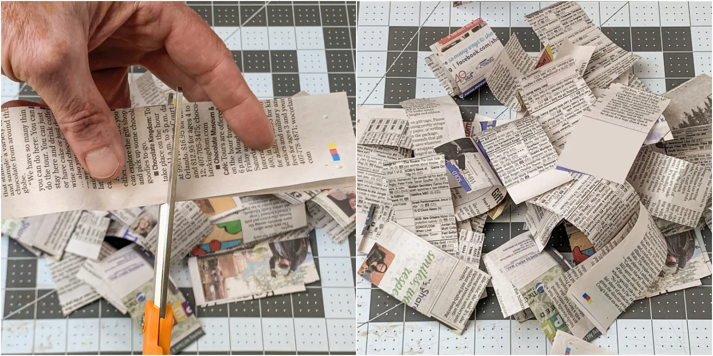 Cutting newspaper into squares with scissors