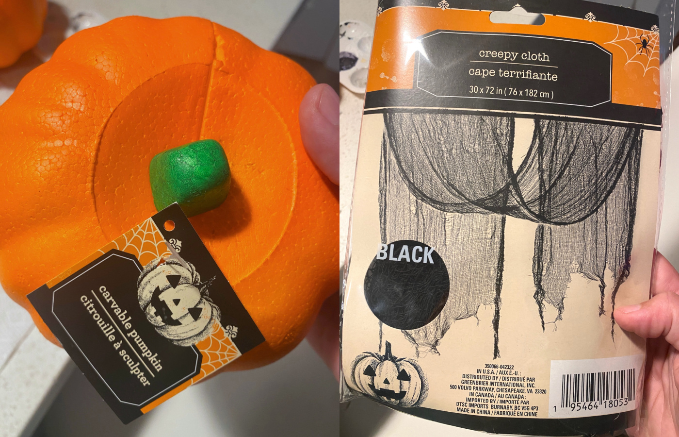 Dollar store pumpkin and black spooky cloth
