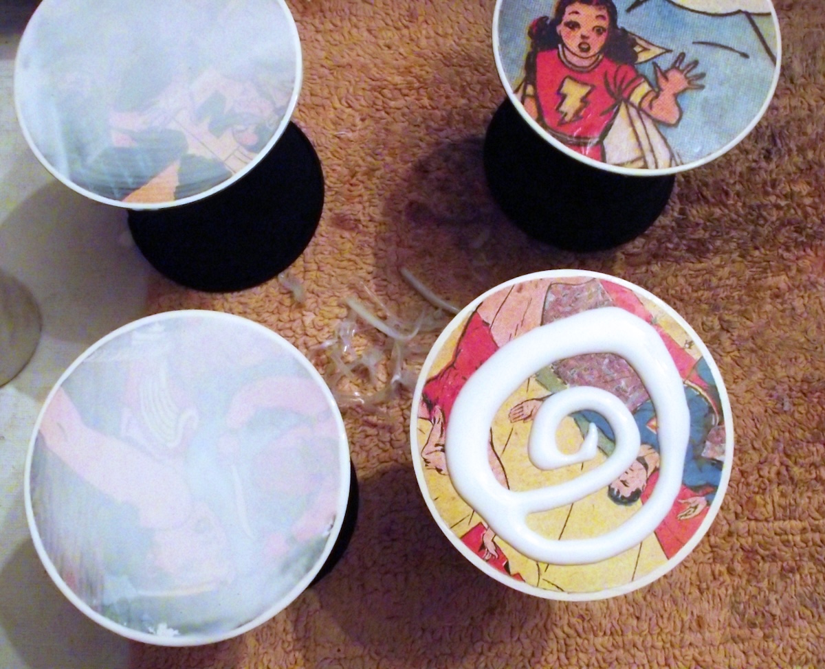Adding Mod Podge to the tops of the coasters