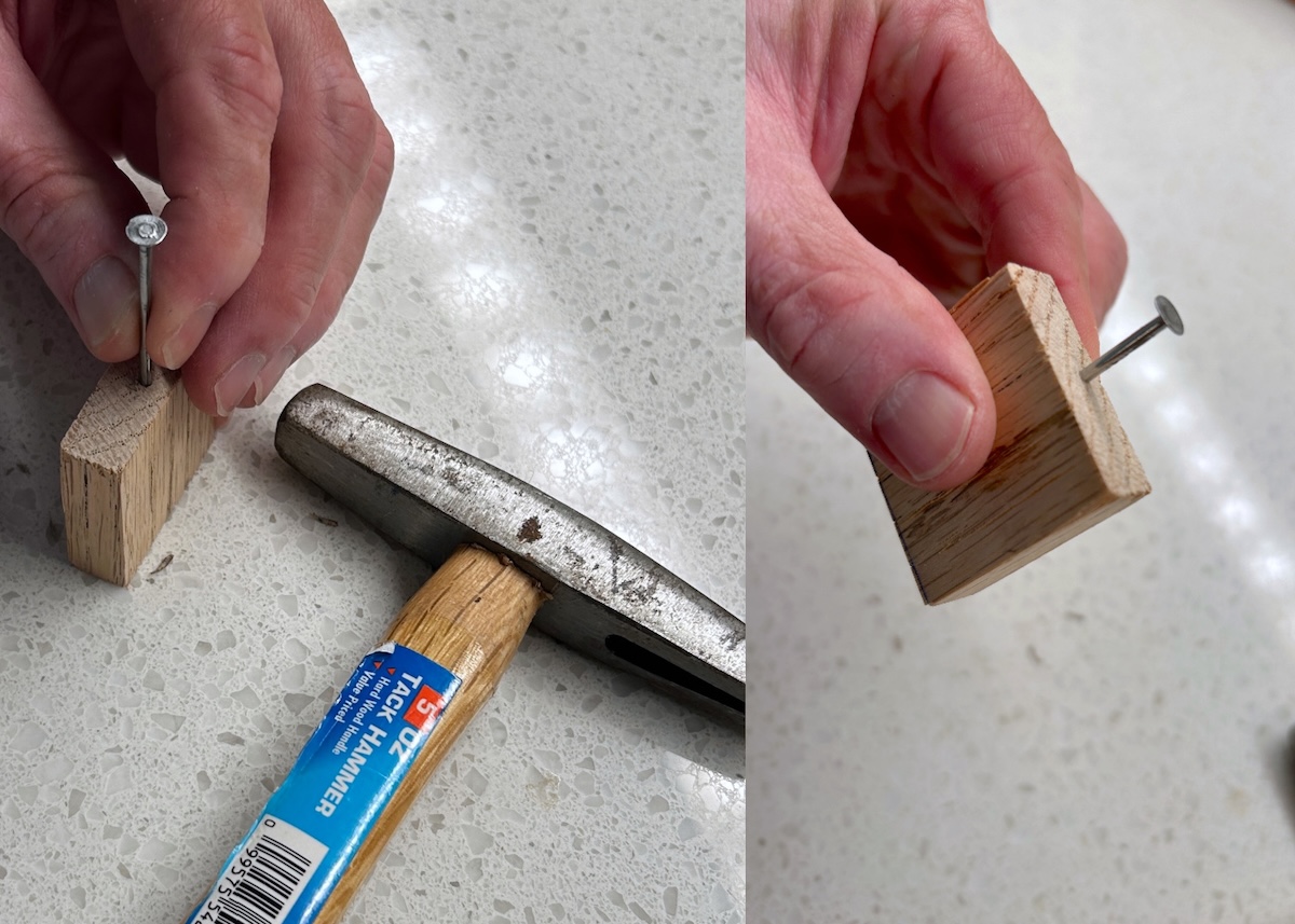 add a nail to the predrilled hole