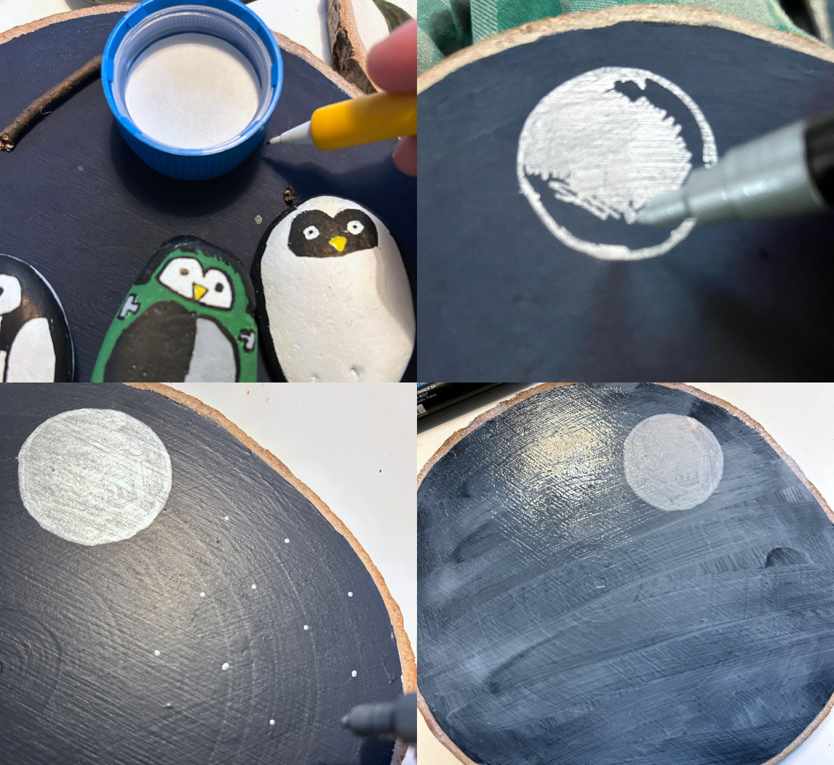 drawing a moon and stars on a wood plaque with a silver paint marker